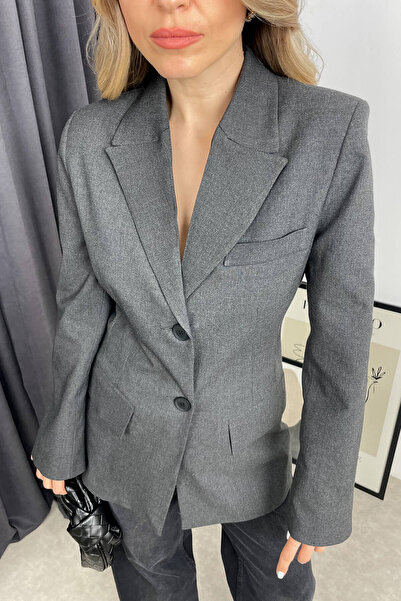 Sue Store Antrasit Vatkalı Düğmeli Astarlı Blazer Ceket