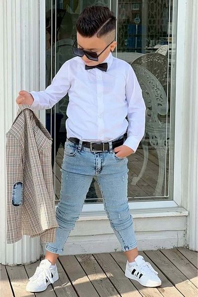 Riccotarz Σετ τζιν παντελόνι με ριγέ μπλέιζερ αγορίστικο σετ με κίτρινο κάτω μέρος