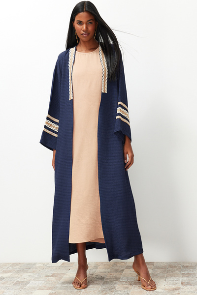 Trendyol Modest Λεπτομερές μακρύ υφαντό κιμονό Indigo Brode & Kaftan & Abaya TCTSS24KF00006