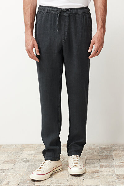 Trendyol Collection Limitovaná edice šedých plátěných kalhot – rovný střih, elastický pas, zavázáno Tmnss24Pl00018