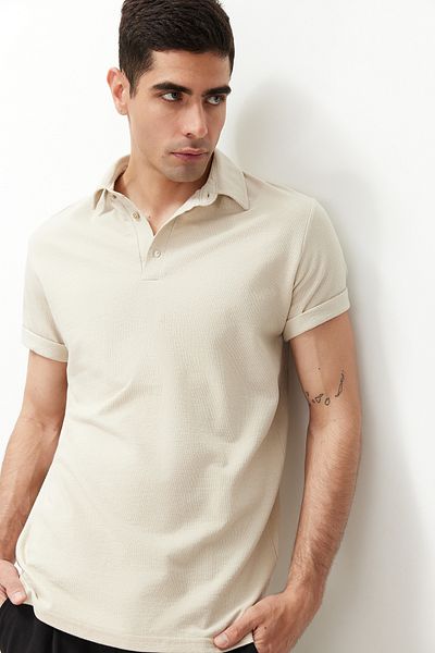 Trendyol Collection Stone Relaxed/Comfortablecut Textured 100% Cotton Polo Neck T-Shirt Tmnss24Po00019
