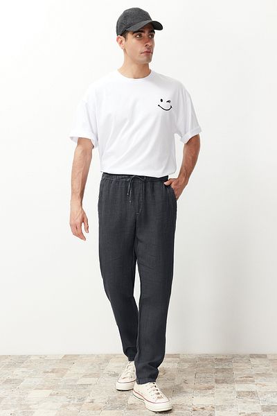 Trendyol Collection Limitovaná edice šedých plátěných kalhot – rovný střih, elastický pas, zavázáno Tmnss24Pl00018