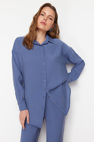 Trendyol Modest Modrá modalová súprava košele a nohavíc - TCTSS24US00058