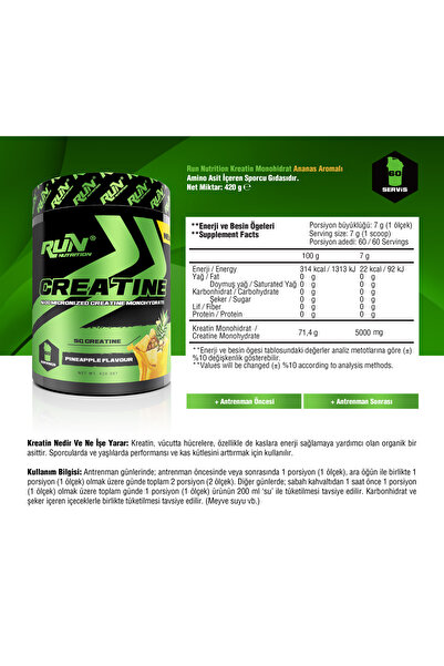 Run Nutrition Creatine Ananas Aromalı - 420g - 60 Servis