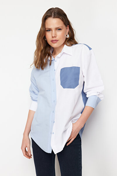 Trendyol Collection Cămașă țesută supradimensionată cu blocare de culoare albastră TWOSS24GO00136