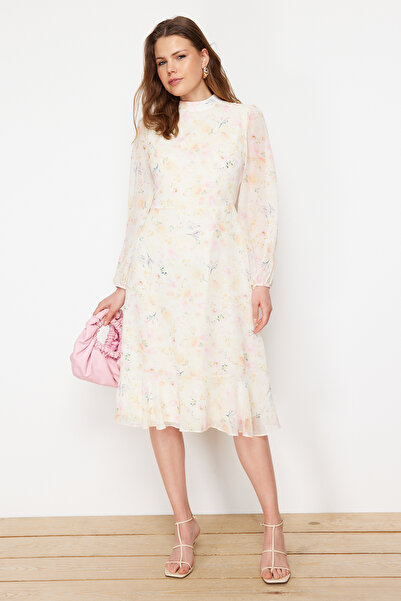 Trendyol Collection White A-Line Stand Collar Midi Lined Midi Woven Winter Dress Twoaw20El1313