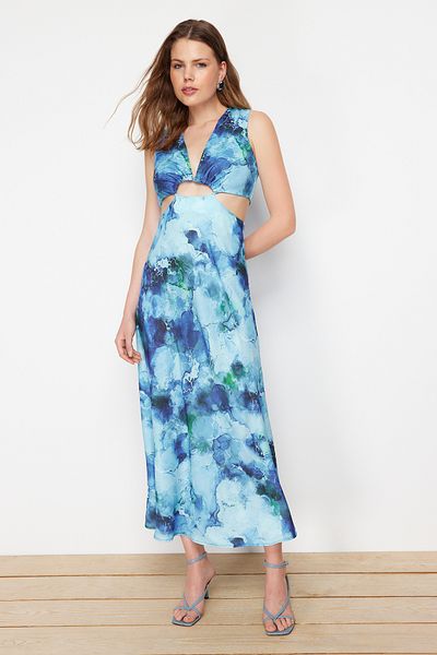 Trendyol Collection Modrý výřez/detail okénka Maxi tkané šaty TWOSS21EL3578
