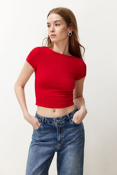 Trendyol Collection Червона блузка без спинки з бавовняного стрейчу TWOSS23BZ00912