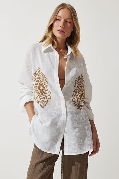 Happiness İstanbul Cămașă oversize din bumbac, alb, brodat de in, DM00134