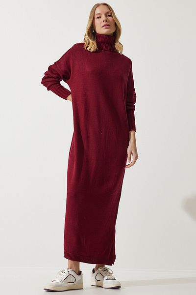 Happiness İstanbul Burgunderrotes Oversize-Strickkleid mit Rollkragen und Schlitz für Damen PF00042