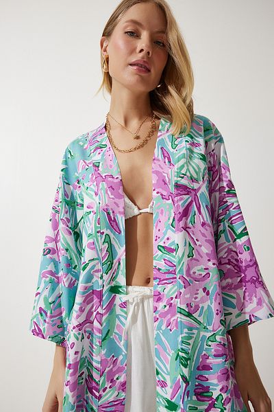 Happiness İstanbul Grün-rosa gemusterter Viskose-Kimono für Damen EN00615