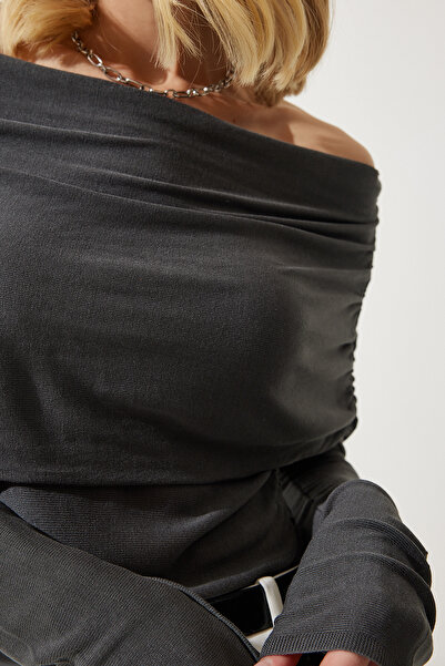 Happiness İstanbul Women's Anthracite Off-the-Shoulder Gather Detailed Blouse US00920