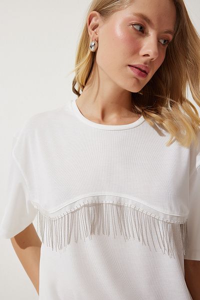 Happiness İstanbul Tricou tricotat supradimensionat cu lanț alb pentru femei PB00024