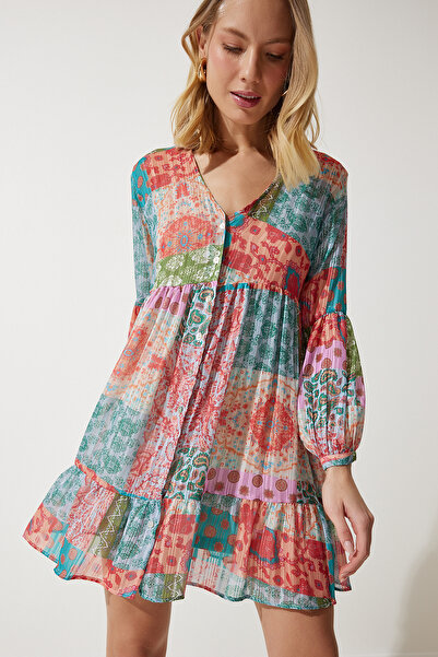 Happiness İstanbul Γυναικείο ροζ μπλε έθνικ μοτίβο πουκάμισο με λαιμόκοψη RG00025