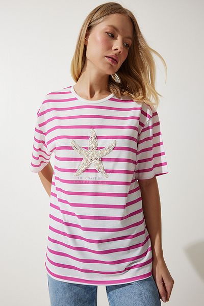 Happiness İstanbul Rosa-weiß gestreiftes, mit Stern und Perlen besticktes, übergroßes Strick-T-Shirt für Damen PB00023
