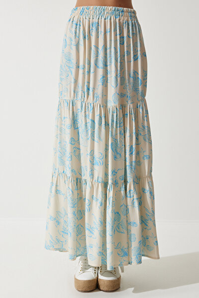 Happiness İstanbul Kadın Krem Mavi Çiçek Desenli Volanlı Viskon Etek DD01310