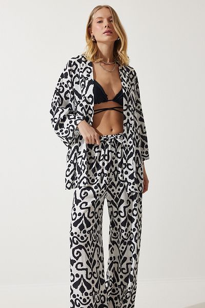 Happiness İstanbul Women's Black and White Patterned Kimono Palazzo Trousers Set EN00614
