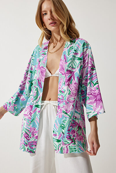 Happiness İstanbul Grün-rosa gemusterter Viskose-Kimono für Damen EN00615
