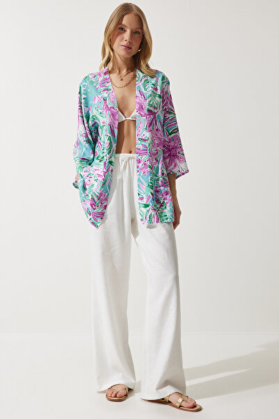 Happiness İstanbul Grün-rosa gemusterter Viskose-Kimono für Damen EN00615