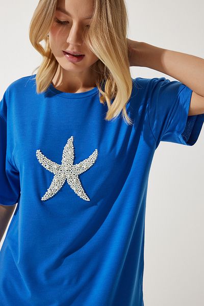 Happiness İstanbul Dámské triko Blue Star Pearl vyšívané oversize pletené tričko PB00022