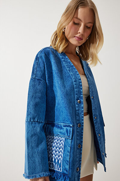 Happiness İstanbul Kadın Mavi Nakış Detaylı Oversize Denim Ceket SA00029