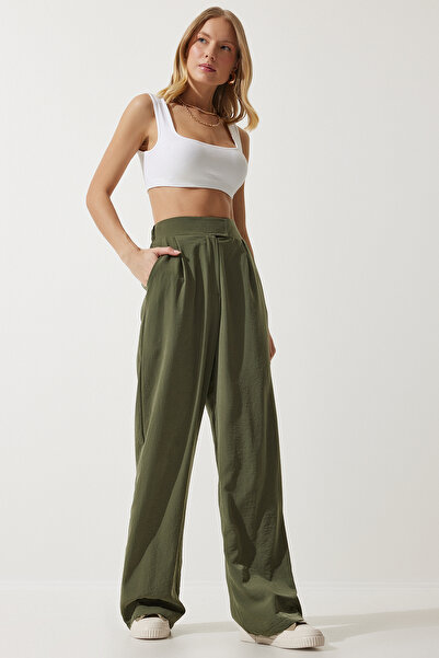 Happiness İstanbul Women's Khaki Velcro Waist Closure Palazzo Trousers rv00184