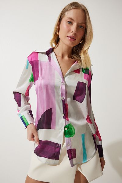 Happiness İstanbul Women's Pink Bone Patterned Satin Surface Shirt RG00019