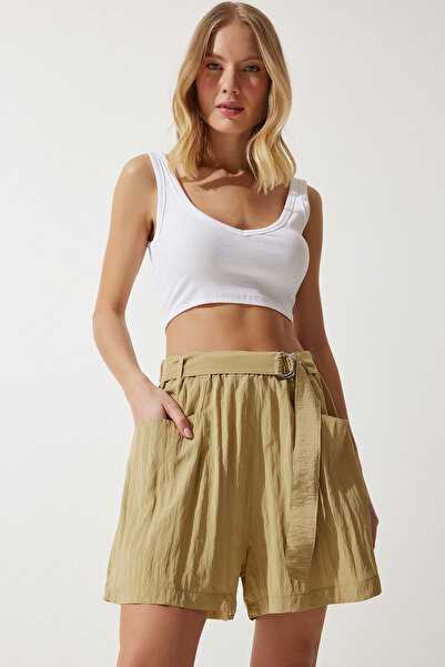 Happiness İstanbul Dámske béžové tkané šortky s pásom do mesta RC00154