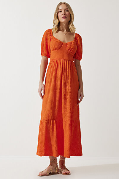 Happiness İstanbul Γυναικείο καλοκαιρινό πλεκτό φόρεμα με πορτοκαλί γιακά καρδιά UB00050