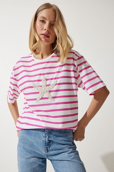 Happiness İstanbul Rosa-weiß gestreiftes, mit Stern und Perlen besticktes, übergroßes Strick-T-Shirt für Damen PB00023