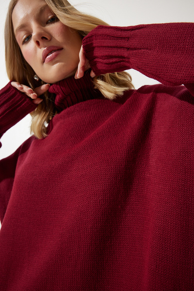 Happiness İstanbul Dámské bordó rolák s rozparkem oversize úpletové šaty PF00042