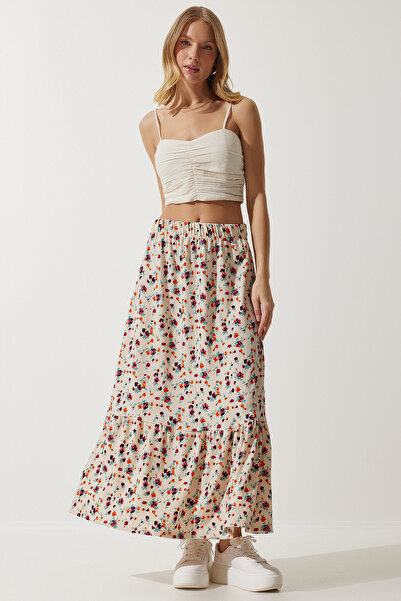 Happiness İstanbul Dámska krémová kvetinová viskózová sukňa DD01312
