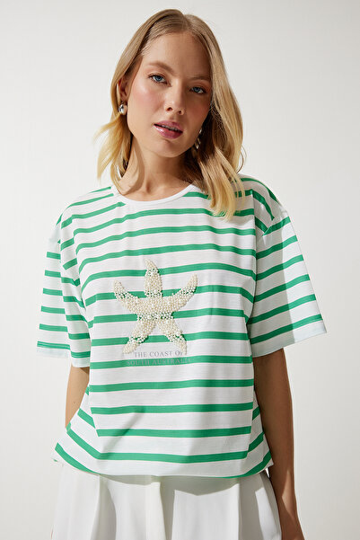 Happiness İstanbul Γυναικείο πλεκτό μπλουζάκι με πλεκτό μπλουζάκι με πλεκτό πράσινο λευκό ριγέ πέρλα με κεντημένο μεγάλο μέγεθος PB00023