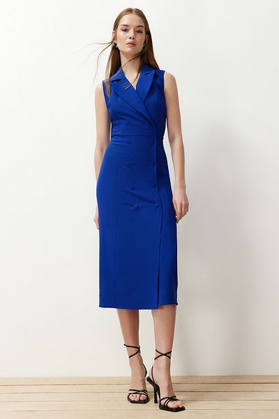 Trendyol Collection Rochie cu guler și nasturi cu guler dublu și cu fustă creion midi Saks - TWOSS24EL00616