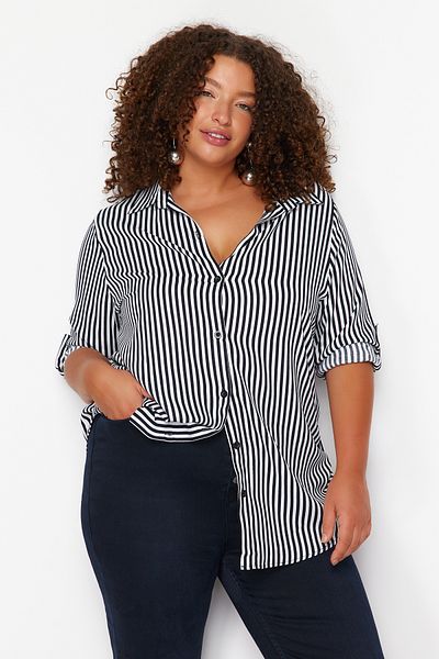 Trendyol Curve White and Navy Blue Striped Shirt