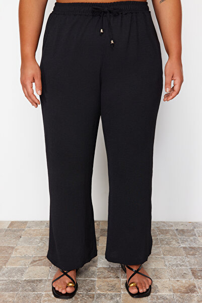 Trendyol Curve Μαύρο υφαντό παντελόνι Plus Size - Μέση με κορδόνια TBBSS24AR00029