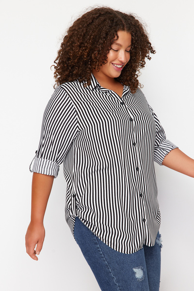 Trendyol Curve Black-And-White Viscose Long-Sleeved Striped Plus Size Shirt Tbbss24Ax00031