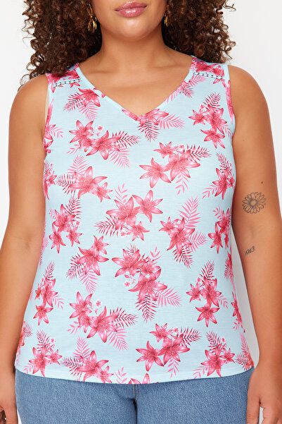 Trendyol Curve Πολύχρωμη Μπλούζα Πλεκτή Μονό Ζέρσεϊ Plus Size