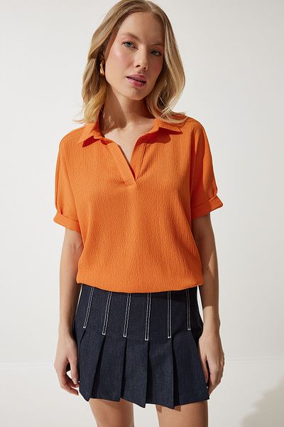 Happiness İstanbul Orange gestrickte Crinkle-Bluse mit Rollkragen für Damen DD01299
