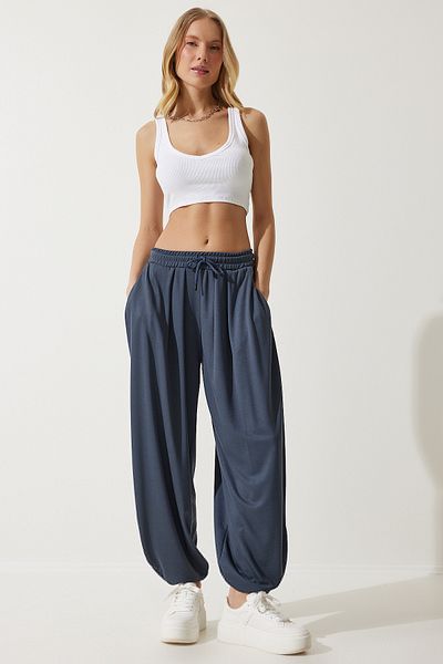 Happiness İstanbul Women's Anthracite Pleated Comfortable Modal Baggy Trousers MC00284