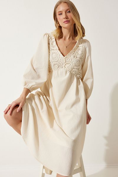 Happiness İstanbul Cremefarbenes Guipure-Detail-Sommerleinenkleid für Damen BP00152