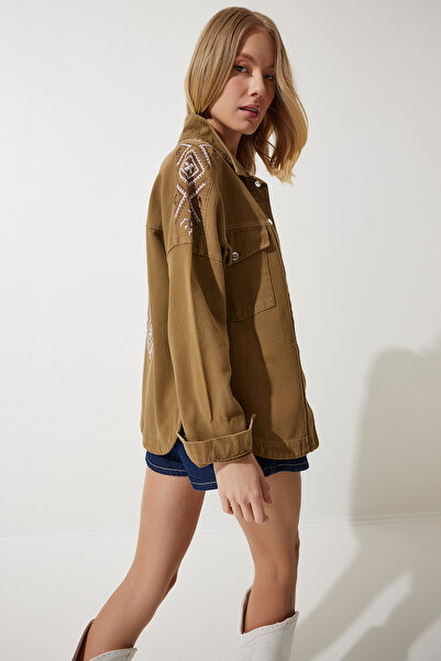 Happiness İstanbul Dámská khaki vyšívaná košilová bunda SA00027