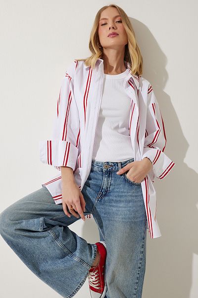 Happiness İstanbul Women's White Red Striped Oversize Poplin Shirt BP00154