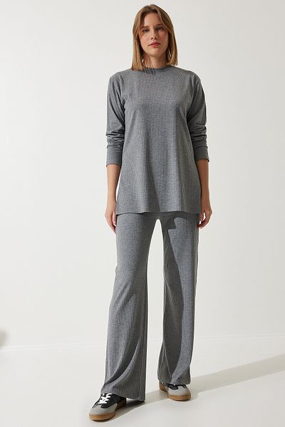 Happiness İstanbul Women's Gray Corded Knitted Blouse Trousers Set KH00088