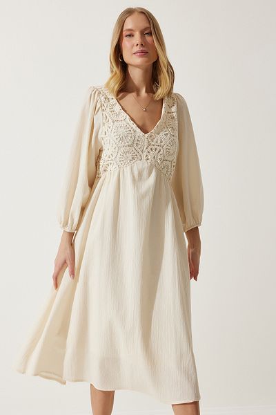 Happiness İstanbul Cremefarbenes Guipure-Detail-Sommerleinenkleid für Damen BP00152