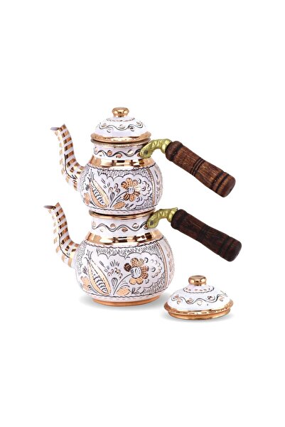 Sonay Bakırcılık Gül Çiçek Küçük Beyaz Renk Bakır Çaydanlık 850 ml