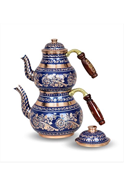 Sonay Bakırcılık Lacivert Seramik Boya Kaplama Gül Çiçek Bakır Çaydanlık