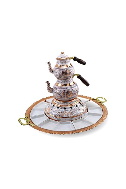 Sonay Bakırcılık Gülçiçek Sultan Isıtıcılı Bakır Çaydanlık ve Kahvatı Seti