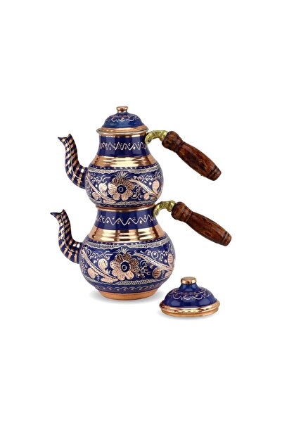 Sonay Bakırcılık Gül Çiçek Mavi Küçük Bakır Çaydanlık 1,4 lt