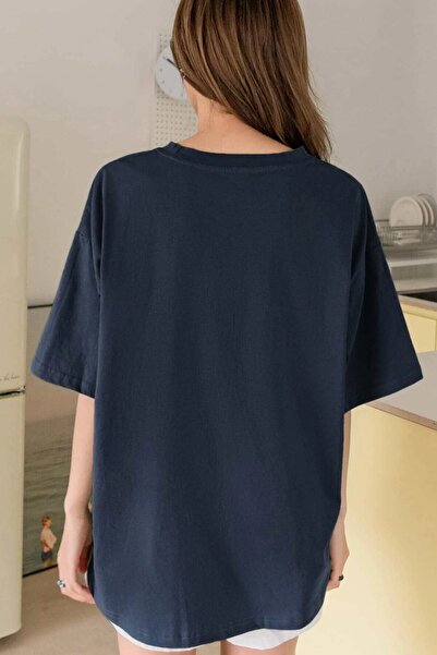 MODAGEN Unisex Navy Blue Crew Neck Holiday Printed Oversize T-Shirt